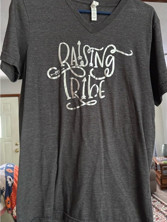 Bella Canvas Tops - Bella Canvas Charcoal V-Neck Tee with Silver 'Raising My Tribe' Graphic